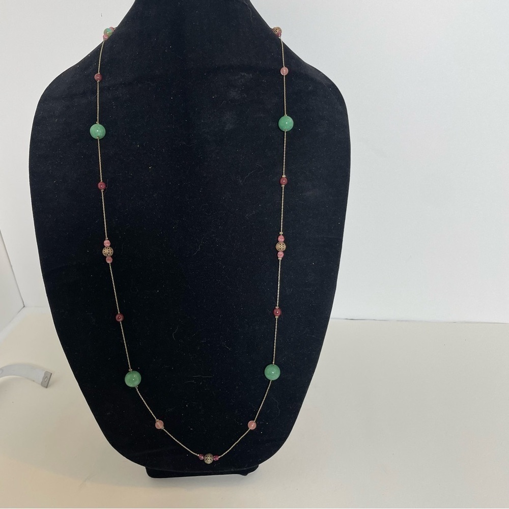 Vintage Boho Green,Red, Pink and Brass Ball Beaded 19” Drop Long Necklace
